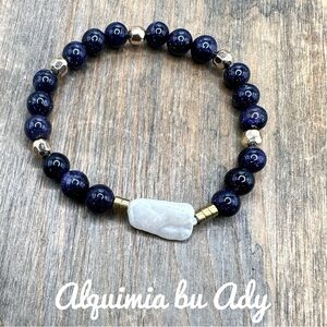 Blue sandstone gold hematite beaded handmade bracelet faux acrylic pearl